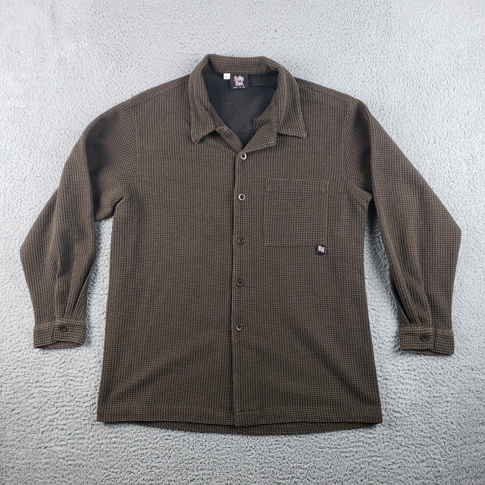 Vintage Rollin Hard Shirt Mens L Brown Long Sleeve Thermal Waffle Made in USA